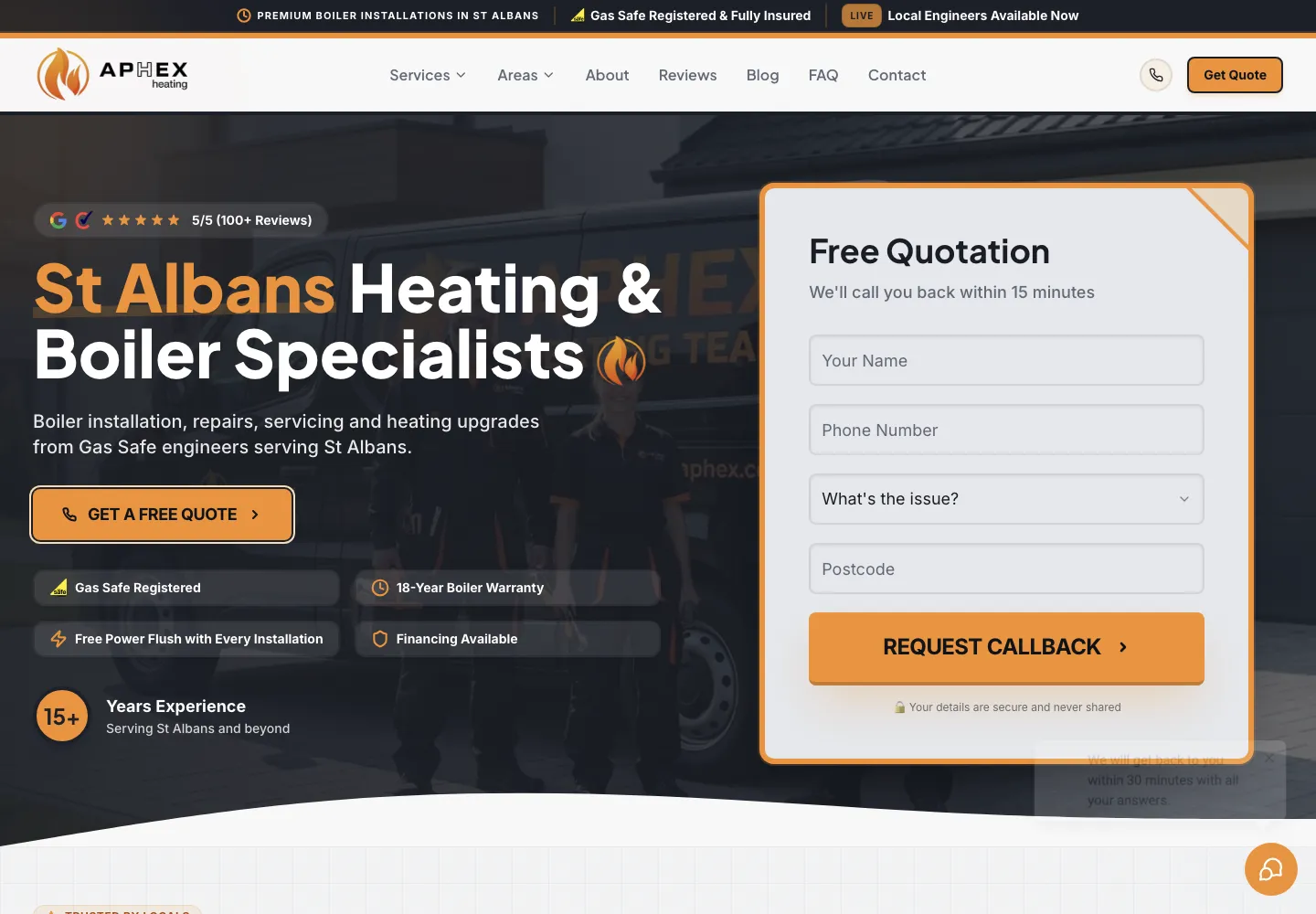Screenshot of the Aphex Heating website