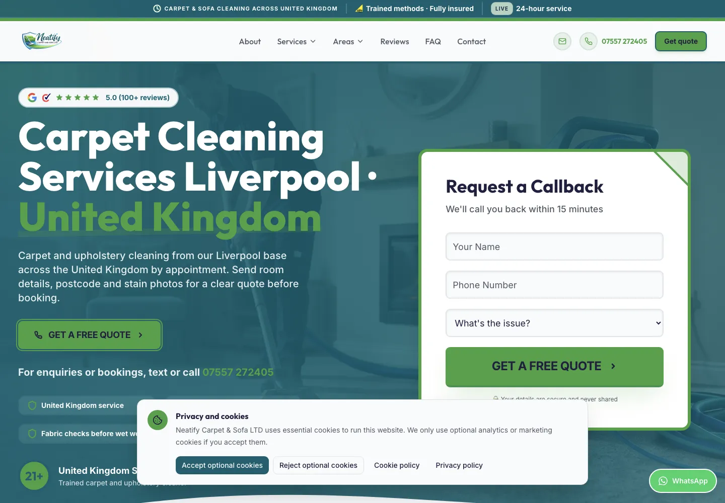 Screenshot of the Neatify Carpet and Sofa website