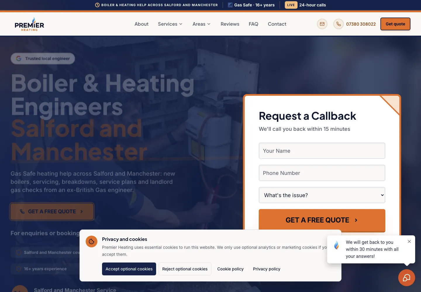 Screenshot of the Premier Heating website